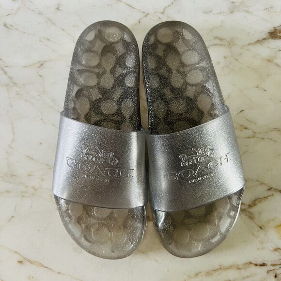 COACH Ulyssa Glitter Gray Logo Jelly Transparent Pool Slide Slippers - US 8 - Picture 2 of 7